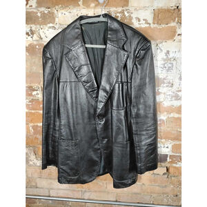 INDUYCO Leather Black VTG 70s jacquet 2 Button Jacket Sz 42 made in Spain.
